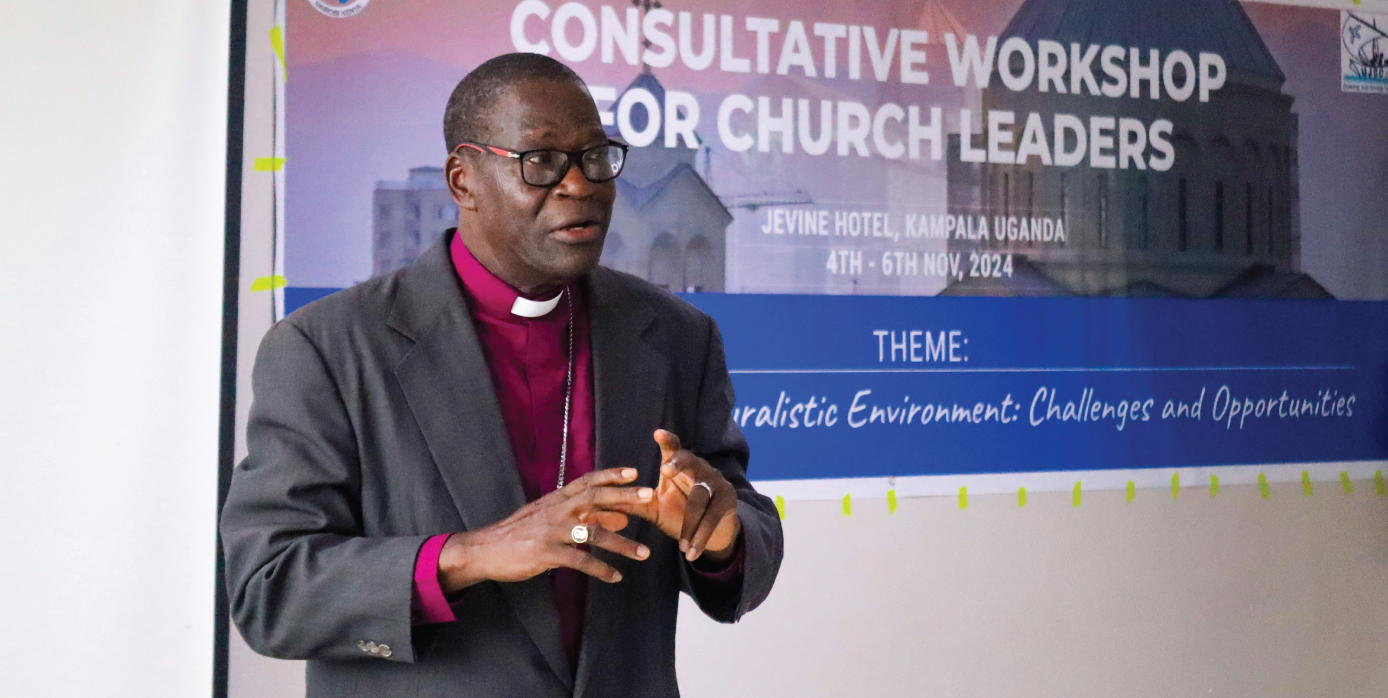 Bishop Samwini addressing a consultative workshop for church leaders in Kampala, Uganda