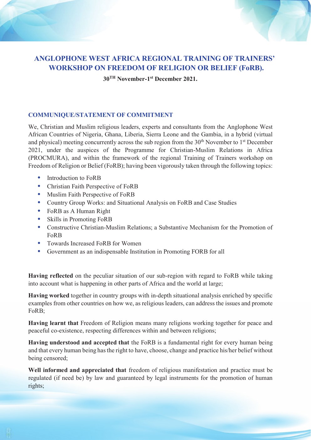 Anglophone West Africa FoRB Communiqué 2021